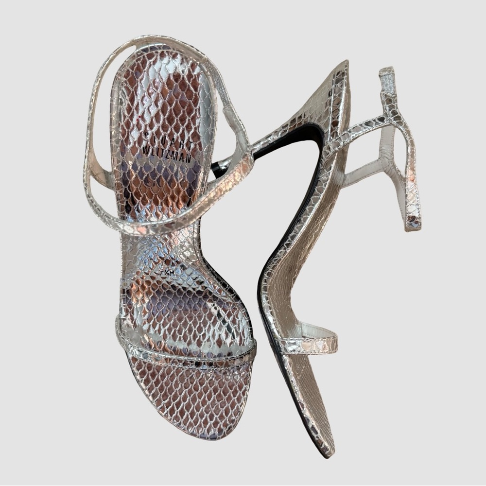 Stuart Weitzman Silver Leather Stiletto Strappy Sandals US 7.5